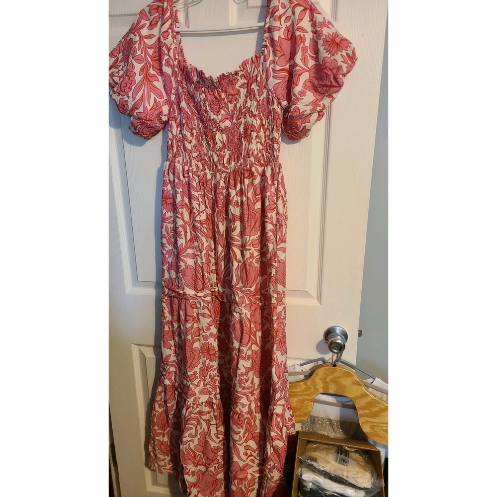Anthropologie She Sky Maxi Dress Womens Large Pink Floral Tiered